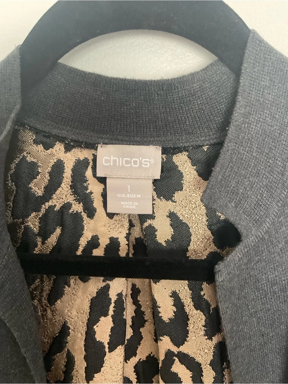 Chico's Black and Taupe Leopard Jacquard Cardigan with metallic accent